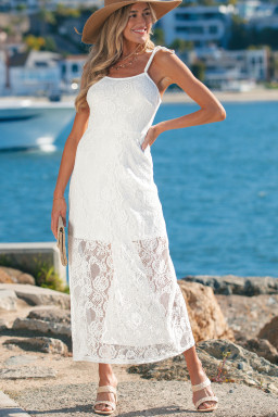 White Tie Spaghetti Straps Floral Lace Overlay Long Dress