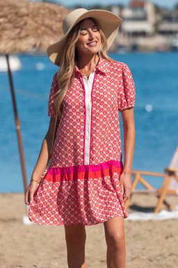 Orange Geometric Floral Print Color Block Trim Button Front Ruffle Hem Dress