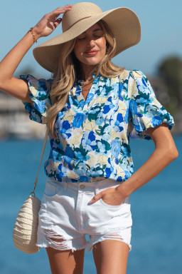 Sky Blue Floral Print Short Puff Sleeve V Neck Blouse