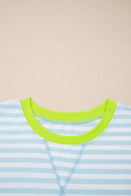 Sky Blue Stripe Contrast Neck Loose Tee and Drawstring Shorts Set