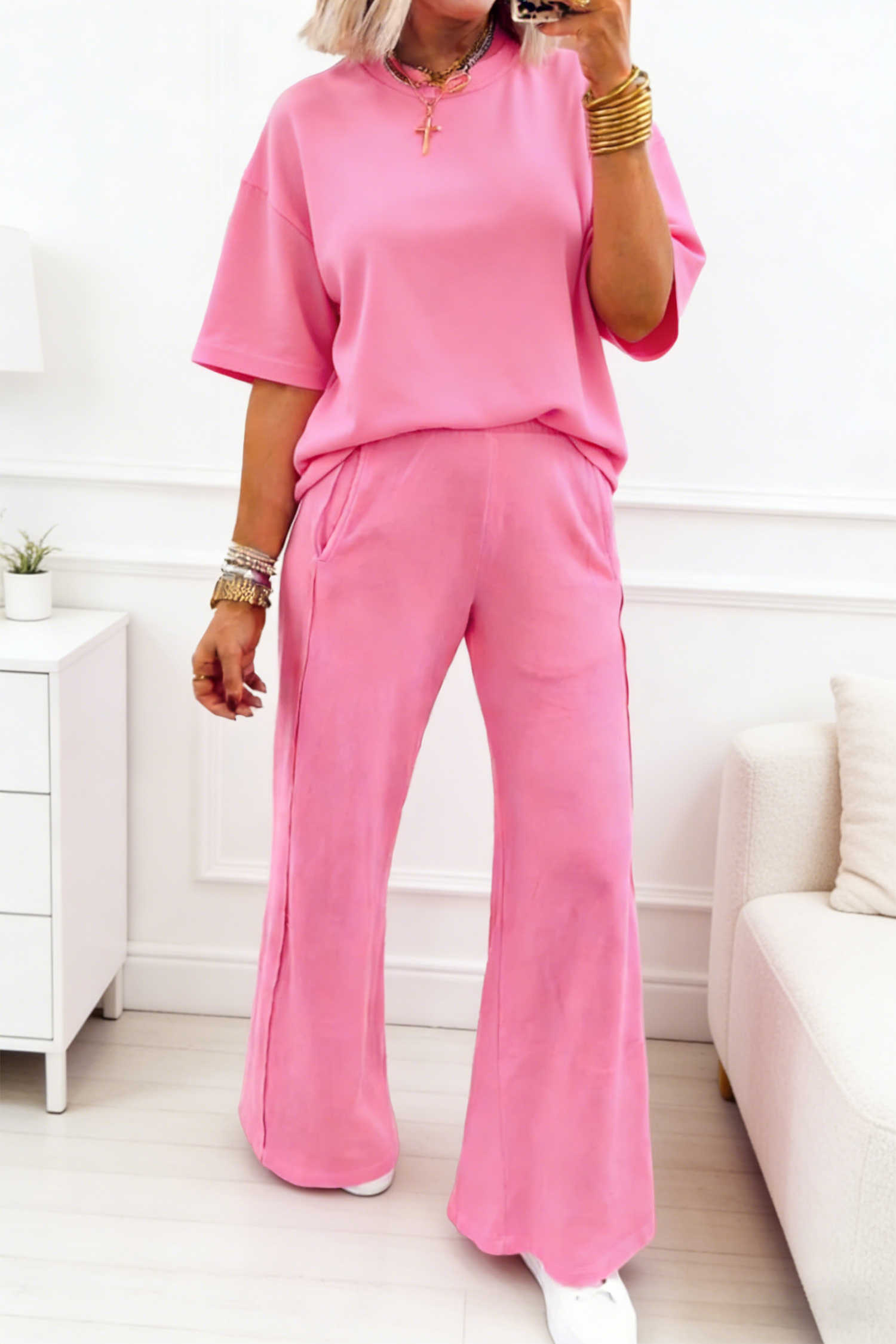 Sachet Pink Solid Cover Oversize Tee Pocketed Casual Pants 2pcs Outfit