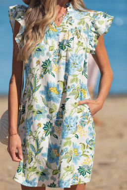 Beige Floral Print V Neck Triple Ruffle Short Sleeve Shift Mini Dress