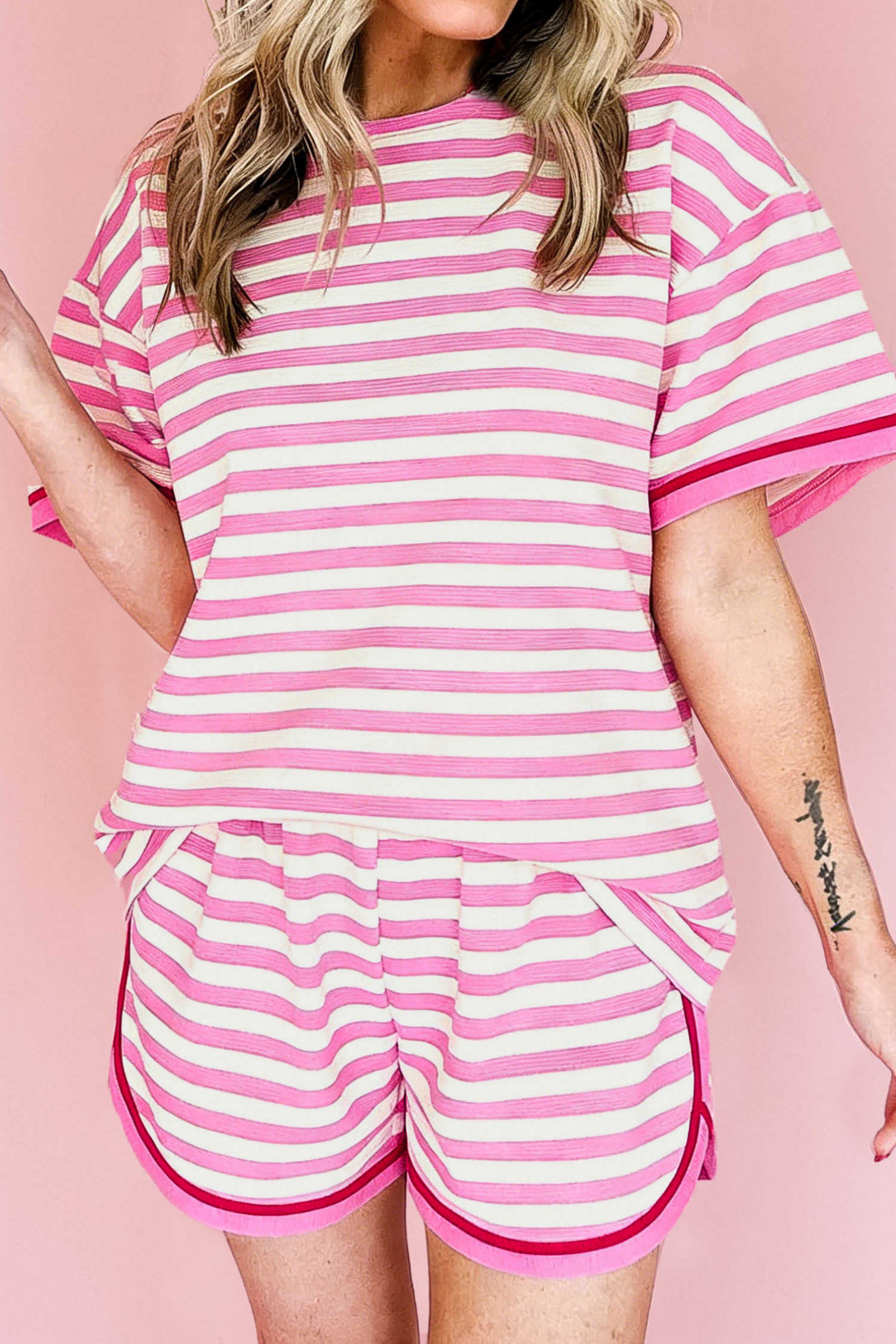 Pink Stripe Contrast Trim Short Sleeve Top Loose Shorts 2pcs Casual Outfit