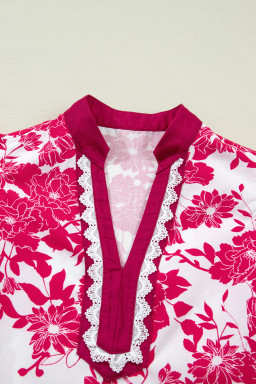 Red Floral Print Color Block Trim Lace Detail V Neck Flutter Sleeve Blouse