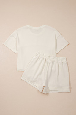 Jet Stream Solid Color Contrast Textured Patchwork Raw Edge 2pcs Short Set