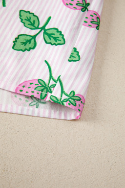 Pink Striped Strawberry Printed Color Block Patchwork V Neck Flutter Sleeve Blouse