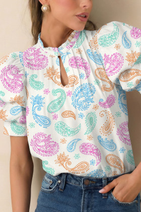 Multicolour Vibrant Paisley Printed Button Keyhole Puff Sleeve Blouse