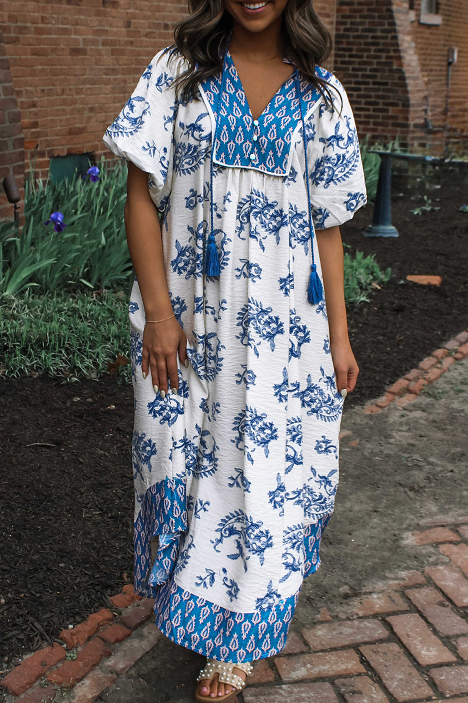 Sky Blue Abstract Print Contrast Trim V Neck Tassel Tie Dress