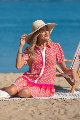 Orange Geometric Floral Print Color Block Trim Button Front Ruffle Hem Dress