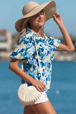 Sky Blue Floral Print Short Puff Sleeve V Neck Blouse
