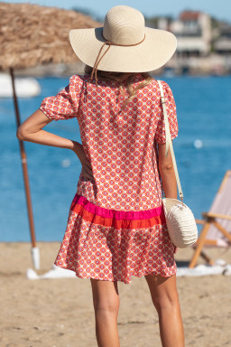 Orange Geometric Floral Print Color Block Trim Button Front Ruffle Hem Dress