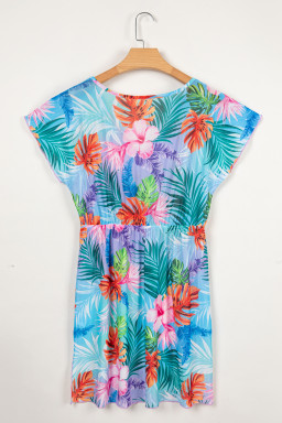Sky Blue Tropical Print V Neck Semi Sheer Beach Cover Up Dress