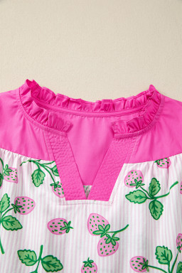 Pink Striped Strawberry Printed Color Block Patchwork V Neck Flutter Sleeve Blouse