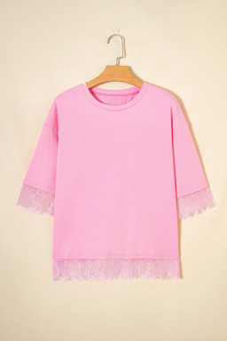 Pink Eyelash Floral Lace Patchwork Half Sleeve Oversize Tee