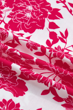 Red Floral Print Color Block Trim Lace Detail V Neck Flutter Sleeve Blouse