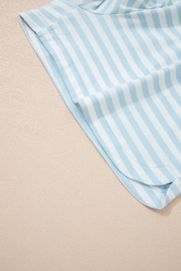 Sky Blue Stripe Contrast Neck Loose Tee and Drawstring Shorts Set