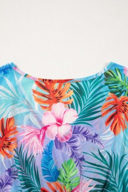 Sky Blue Tropical Print V Neck Semi Sheer Beach Cover Up Dress