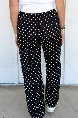 Black Polka Dot Print Elastic Waist Lace Hem Loose Pants
