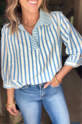 Sky Blue Stripe 3/4 Sleeve Collared Neck Blouse