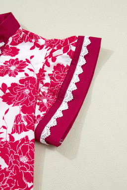 Red Floral Print Color Block Trim Lace Detail V Neck Flutter Sleeve Blouse