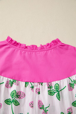 Pink Striped Strawberry Printed Color Block Patchwork V Neck Flutter Sleeve Blouse