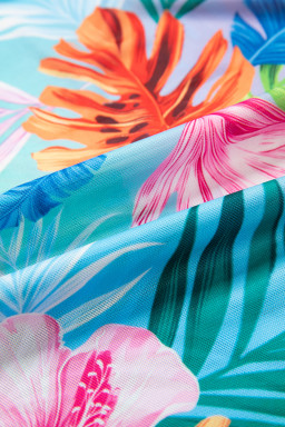 Sky Blue Tropical Print V Neck Semi Sheer Beach Cover Up Dress