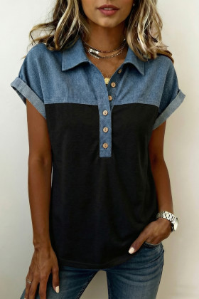 Black Color Block Denim Patchwork Button Polo Collar Short Sleeve Top