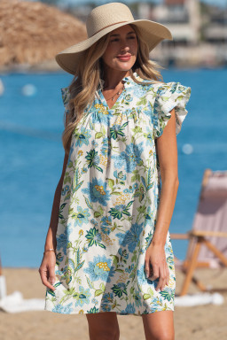 Beige Floral Print V Neck Triple Ruffle Short Sleeve Shift Mini Dress