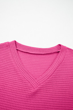 Strawberry Pink Waffle V Neck Short Sleeve Knit Top