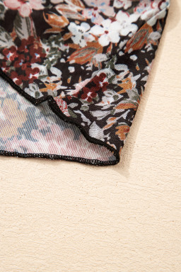 Brown Floral Print High Neck Short Sleeve Mesh Top