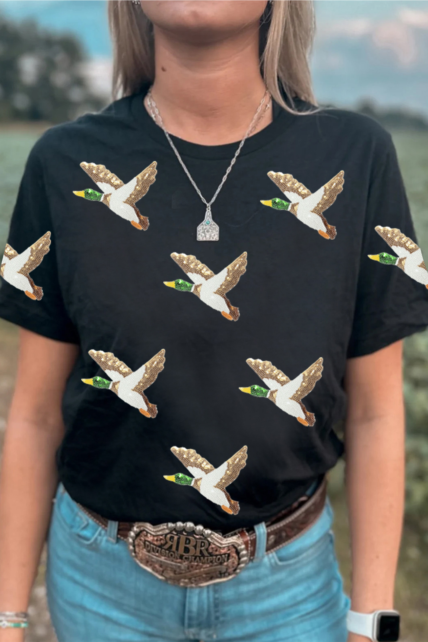 Black Sequin Mallard Duck Western Fashion Tee