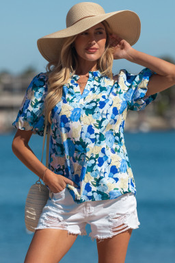 Sky Blue Floral Print Short Puff Sleeve V Neck Blouse