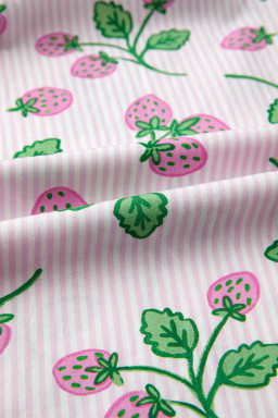 Pink Striped Strawberry Printed Color Block Patchwork V Neck Flutter Sleeve Blouse