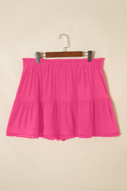 Rose Red Plus Size Frilled Elastic Waist Lace Trim Boho Ruffled Shorts