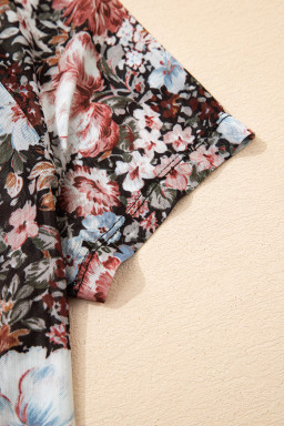 Brown Floral Print High Neck Short Sleeve Mesh Top