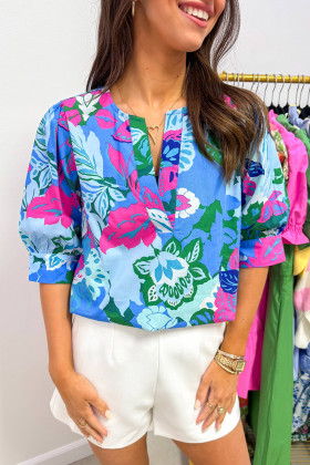 Sky Blue Floral Print V Neck Half Sleeve Blouse