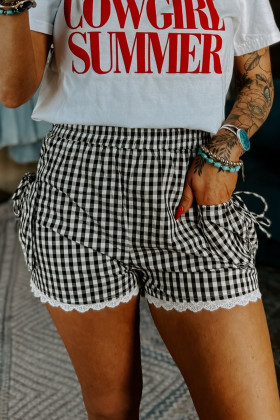 Black Gingham Lace Trim Shorts with Pouch Pockets