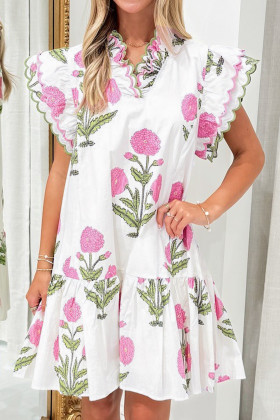 White Wild Floral Print Scalloped Embroidery Trim V Neck Drop Waist Mini Dress