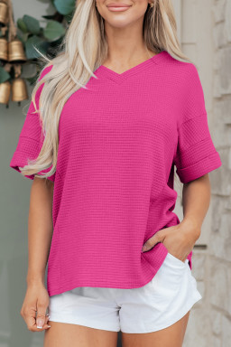 Strawberry Pink Waffle V Neck Short Sleeve Knit Top