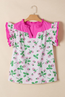 Pink Striped Strawberry Printed Color Block Patchwork V Neck Flutter Sleeve Blouse