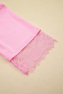 Pink Eyelash Floral Lace Patchwork Half Sleeve Oversize Tee