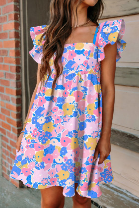 Multicolour Floral Print Flutter Sleeve Striped Trim Square Neck Loose Mini Dress