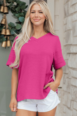 Strawberry Pink Waffle V Neck Short Sleeve Knit Top