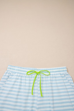 Sky Blue Stripe Contrast Neck Loose Tee and Drawstring Shorts Set