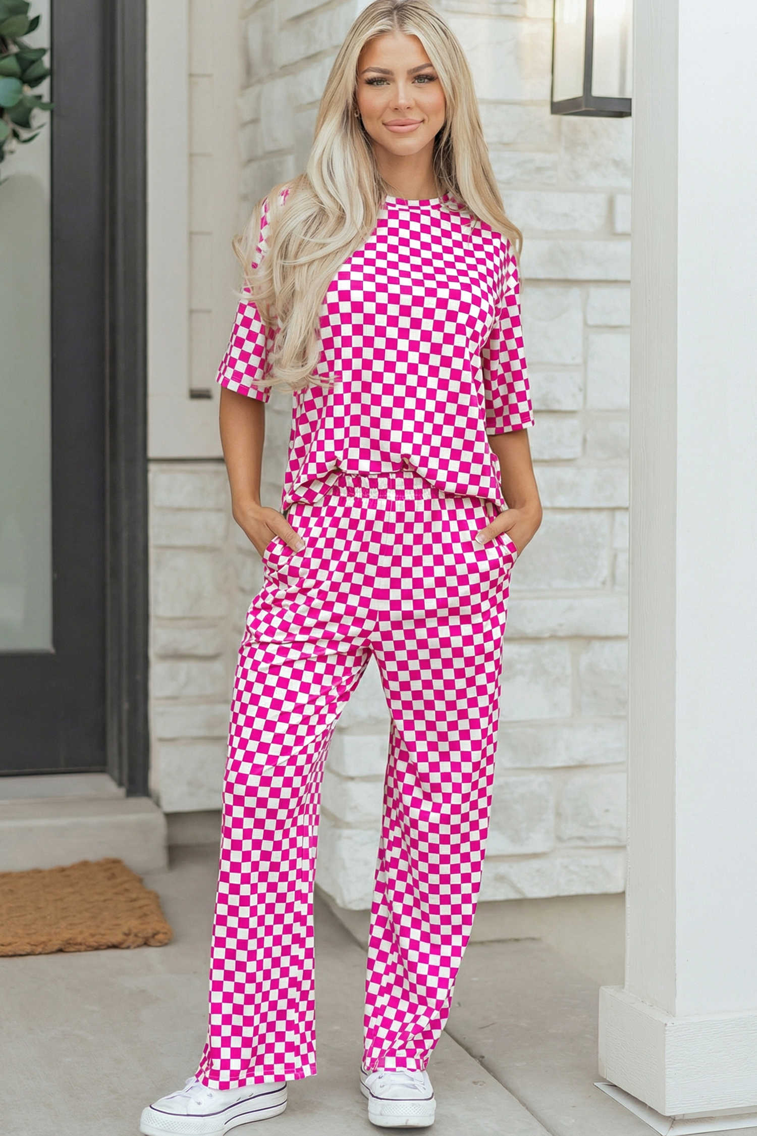 Rose Checkered Print Half Sleeve Tee 2pcs Lounge Pant Set
