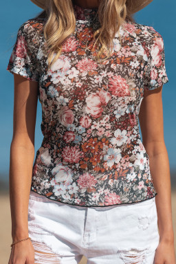 Brown Floral Print High Neck Short Sleeve Mesh Top