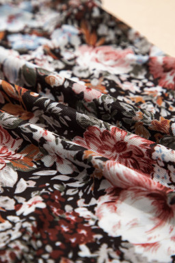 Brown Floral Print High Neck Short Sleeve Mesh Top