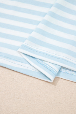 Sky Blue Stripe Contrast Neck Loose Tee and Drawstring Shorts Set