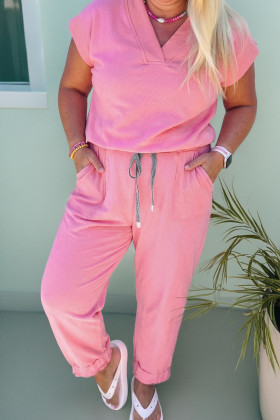 Bonbon Solid V-Neck Tee and Drawstring Plus Size Pants Set
