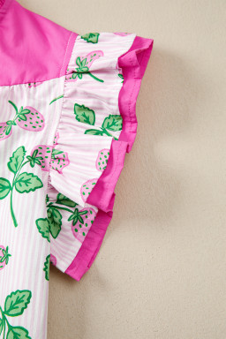 Pink Striped Strawberry Printed Color Block Patchwork V Neck Flutter Sleeve Blouse